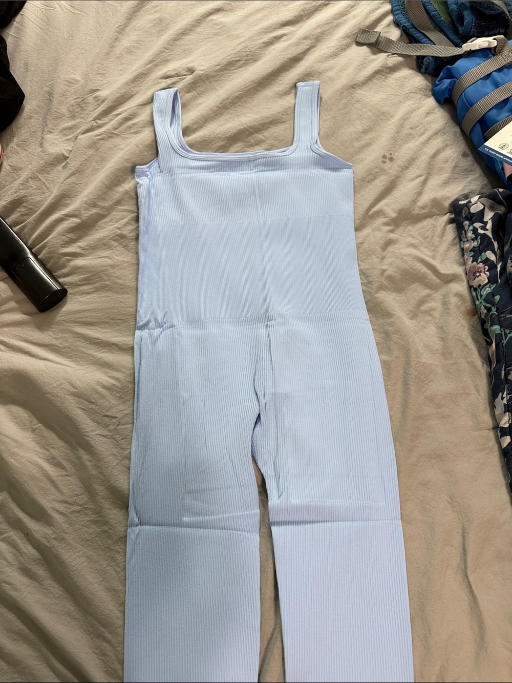 Light Blue Ribbed Square-Neck Bodysuit Jumpsuit